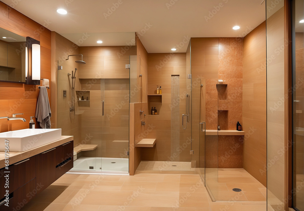 Bathroom, shower, sink, bathtub, tiled with decorative tiles and wood Bathroom, shower, sink, bathtub, tiled with decorative tiles and wood