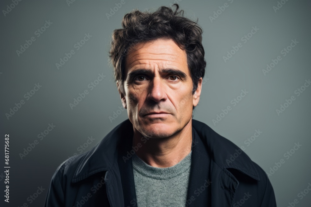 Portrait of an angry man over grey background. Looking at camera.