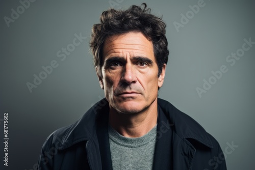 Portrait of an angry man over grey background. Looking at camera.