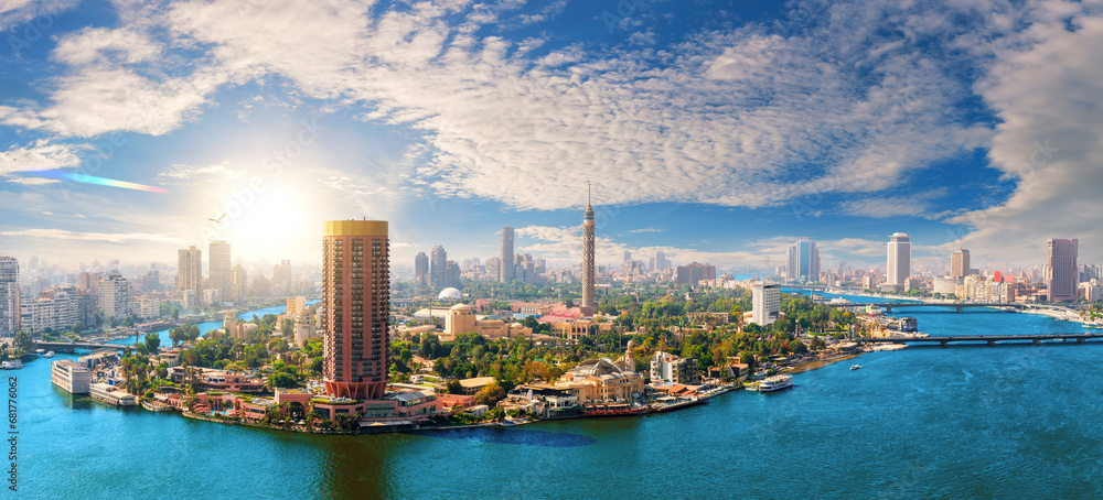 Sunset area of Cairo, view of the Nile and prestigious buildings of Egypt