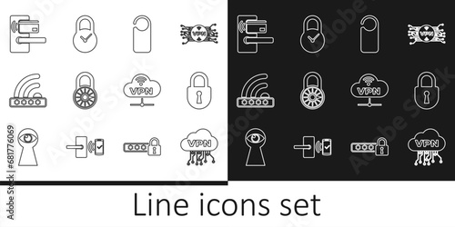 Set line Cloud VPN interface, Lock, Please do not disturb, Safe combination lock wheel, Wifi locked, Digital door with wireless, Network cloud connection and Padlock clock icon. Vector