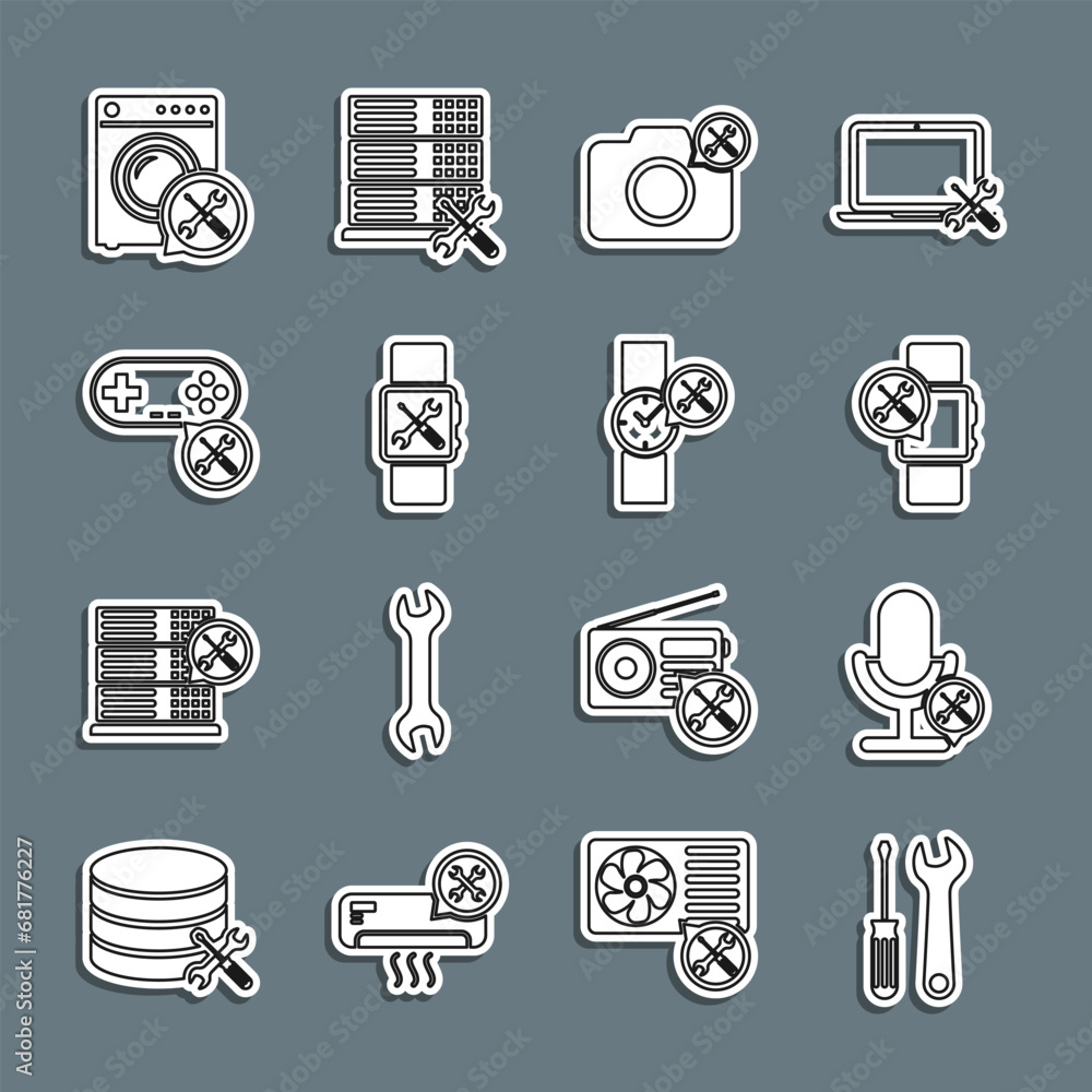 Set line Screwdriver and wrench, Microphone service, Smartwatch, Photo camera, Gamepad, Washer and Wrist icon. Vector Set line Screwdriver and wrench, Microphone service, Smartwatch, Photo camera, Gamepad, Washer and Wrist icon. Vector