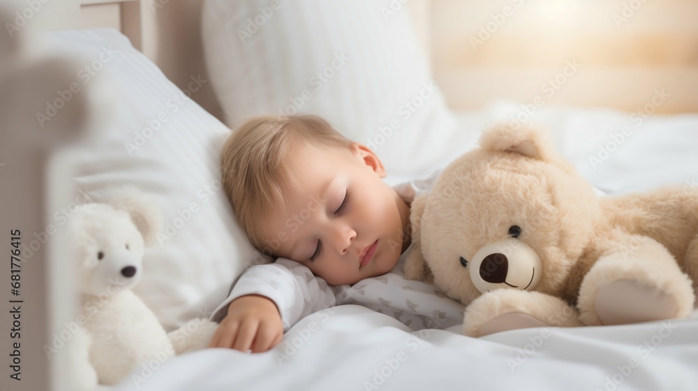 Tranquil Dreams: Child Sleeping Peacefully with Teddy Bear in White Cot. Generative ai Tranquil Dreams: Child Sleeping Peacefully with Teddy Bear in White Cot. Generative ai