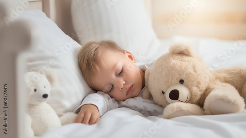 Tranquil Dreams: Child Sleeping Peacefully with Teddy Bear in White Cot. Generative ai
