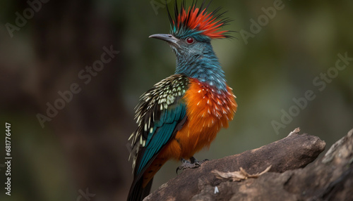 Multi colored bird perching on branch in tropical rainforest generated by AI