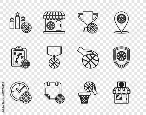 Set line Clock with basketball ball, Sports shop and, Award cup, Basketball on sport calendar, winner podium, medal, and Shield the icon. Vector