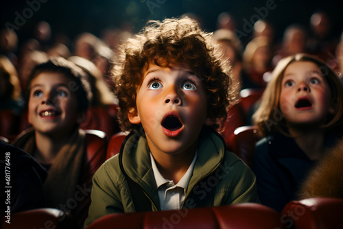 young boy in cinema looking shocked