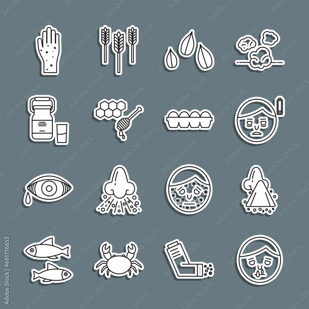 Set line Runny nose, Fatigue, Sesame seeds, Honeycomb with honey dipper, Can container for milk, Hand psoriasis eczema and Chicken egg box icon. Vector Set line Runny nose, Fatigue, Sesame seeds, Honeycomb with honey dipper, Can container for milk, Hand psoriasis eczema and Chicken egg box icon. Vector