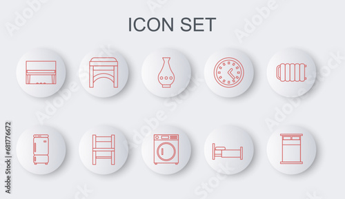 Set line Big bed, Refrigerator, Vase, Bed, Grand piano, Chair, and Washer icon. Vector