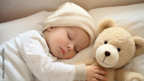 Tranquil Dreams: Child Sleeping Peacefully with Teddy Bear in White Cot. Generative ai