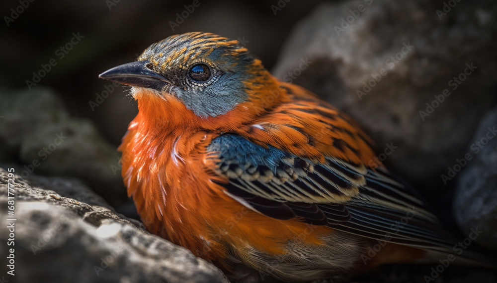 Fototapeta premium Vibrant bird perched on branch, eyeing camera in tranquil forest generated by AI