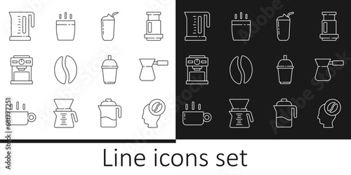 Set line Barista, Coffee turk, Milkshake, beans, machine, Electric kettle, cup to go and icon. Vector
