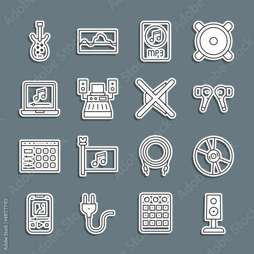 Set line Stereo speaker, CD or DVD disk, Air headphones, MP3 file document, Music recording studio, Laptop with music note, Electric bass guitar and Speaker mute icon. Vector