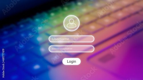 Login UI (User Interface) on top of a laptop keyboard background, technology concept for cyber security and data protection, user authentication and access in digital platforms, username and password	 photo