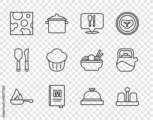 Set line Frying pan, Salt and pepper, Cafe restaurant location, Restaurant cafe menu, Cheese, Cupcake, Hotel service bell and Kettle with handle icon. Vector