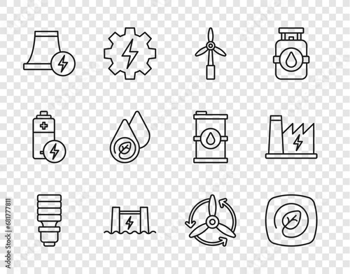 Set line LED light bulb, Location with leaf, Wind turbine, Hydroelectric dam, Nuclear power plant, Water energy, and icon. Vector