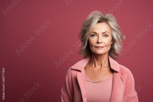 Portrait of a beautiful senior woman in a pink coat on a pink background.
