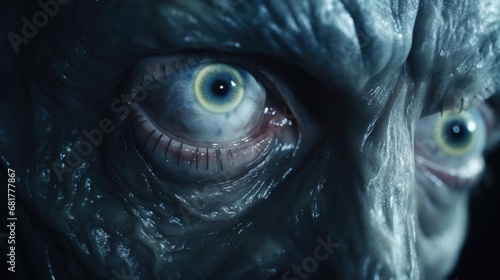 Close-up of the monster's eyes. The look of a scary creature. A creepy character to create.