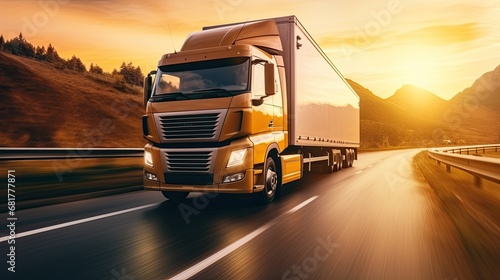 A lone truck drives down the freeway in the sunset light. Trucking and logistics. Illustration for cover, card, postcard, interior design, advertising, marketing or presentation. photo