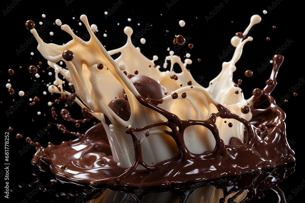 Naklejka premium Bursts and splashes of chocolate and milk on a dark background. Generative AI.