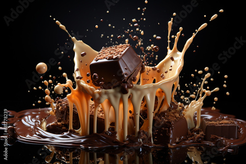 Bursts and splashes of chocolate and milk on a dark background. Generative AI.