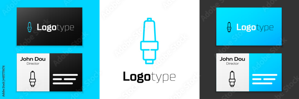 Blue line Car spark plug icon isolated on white background. Car electric candle. Logo design template element. Vector