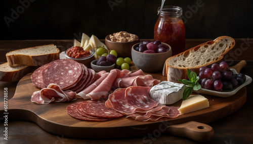 Rustic bread, meat, and cheese tray with fresh fruit variation generated by AI