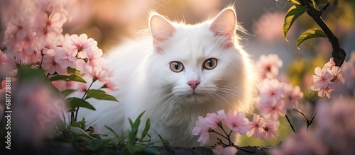 picturesque street, a white cat with mesmerizing eyes peered out from the background of blooming flowers, its cute face framed by the soft light shining through the trees, showcasing the beauty of photo