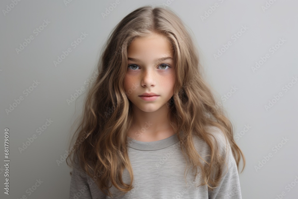 Portrait of a beautiful little girl with long hair on a gray background Portrait of a beautiful little girl with long hair on a gray background