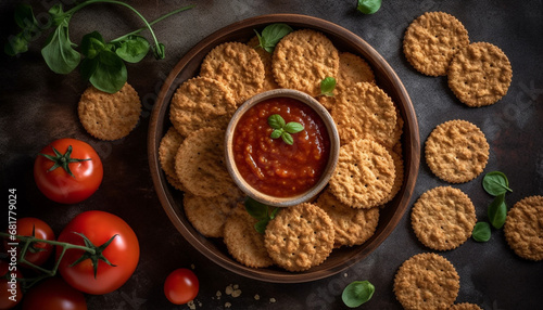 Gourmet meal on rustic wood table with fresh vegetable appetizer generated by AI