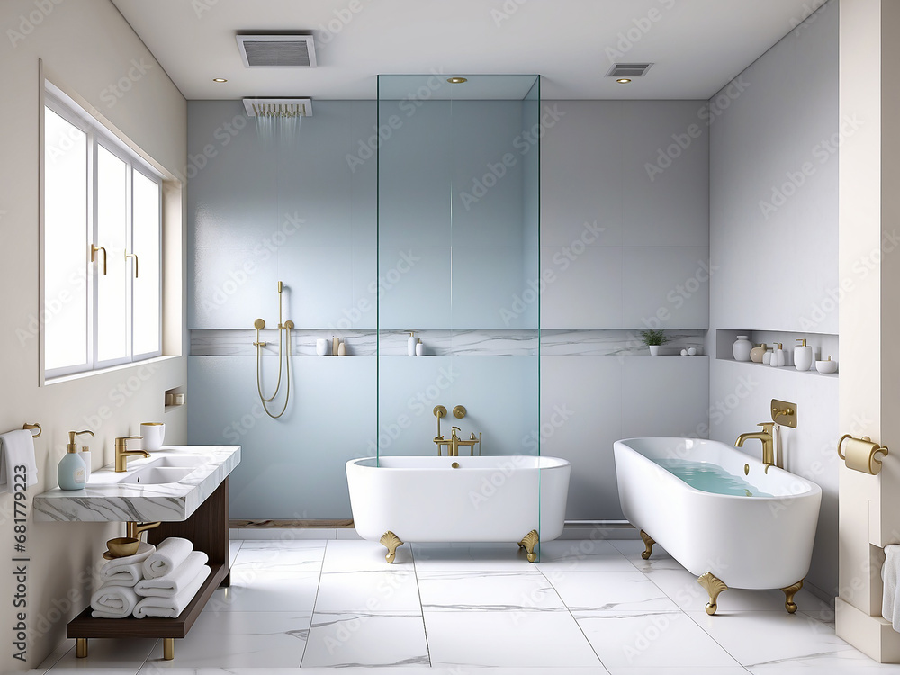 Bathroom, shower, washbasin, bathtub, marbleized Bathroom, shower, washbasin, bathtub, marbleized