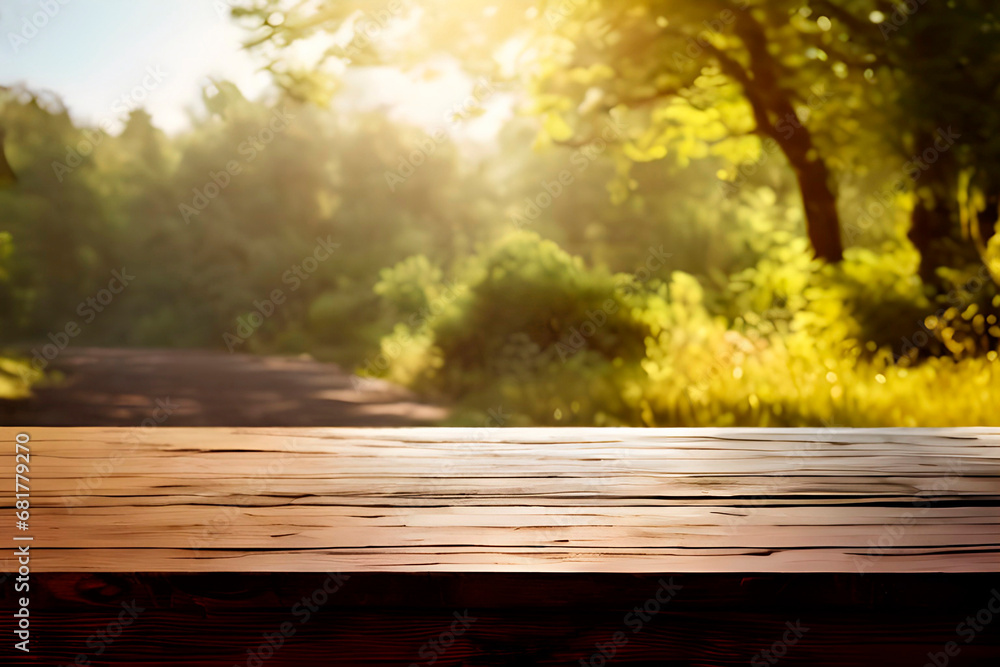 Empty table against the green nature. Advertising background with copy space for product display. Generative AI Empty table against the green nature. Advertising background with copy space for product display. Generative AI