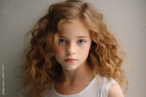 Portrait of a beautiful little girl with long curly hair. Close-up.