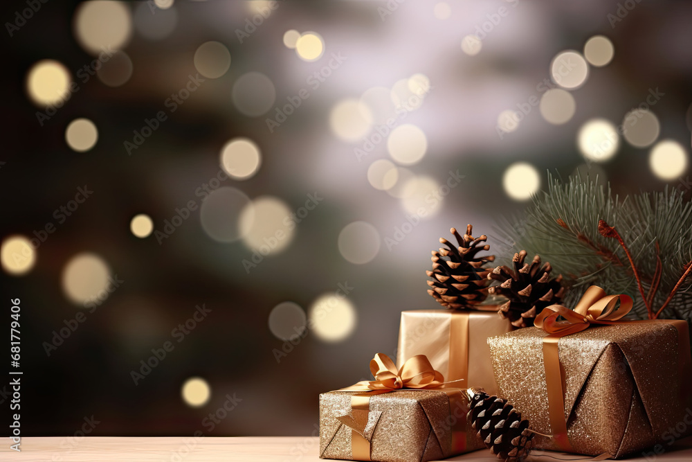 Christmas and new year background; gift boxes, pine cones, pine branches on the background; bokeh llight