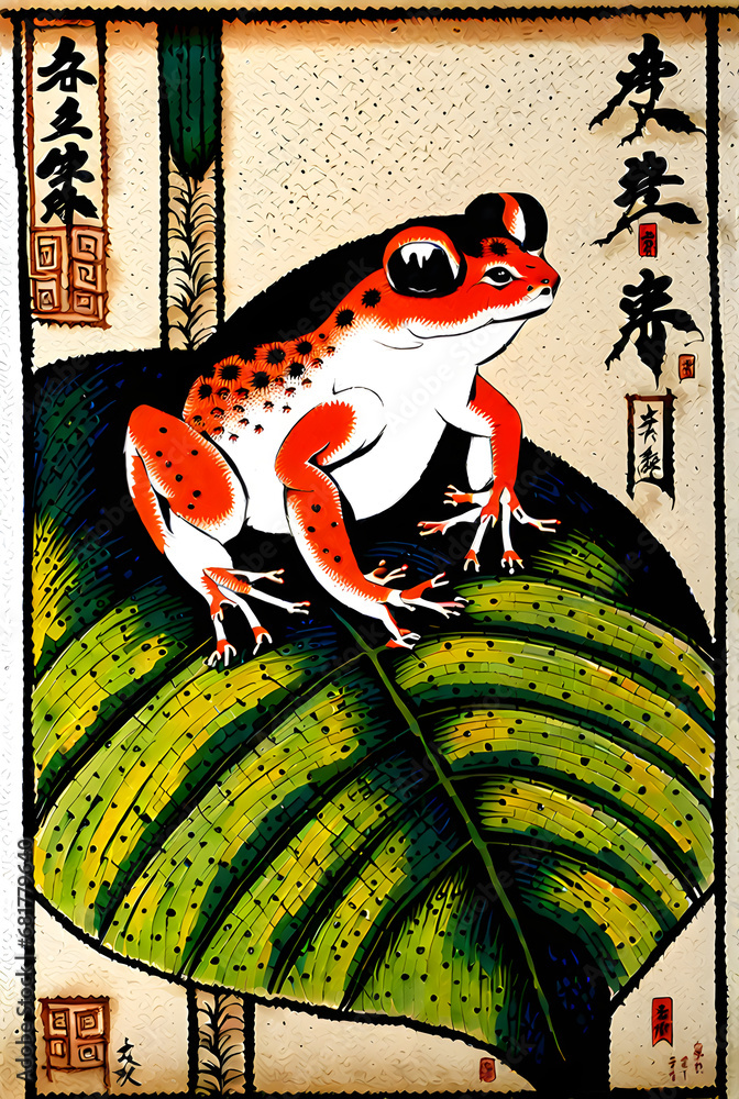 Fototapeta premium japanese-scroll-painting-of-a-content-little-amphibian-nestled-beneath-the-protective-shield-of