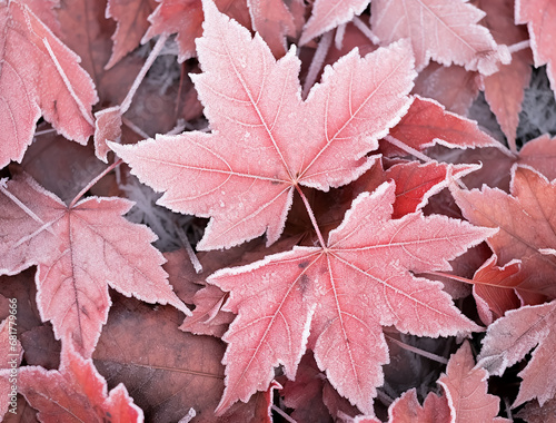 Nice macro autumn colorful leaves frosted with ice, cold weather, natural leaves pattern