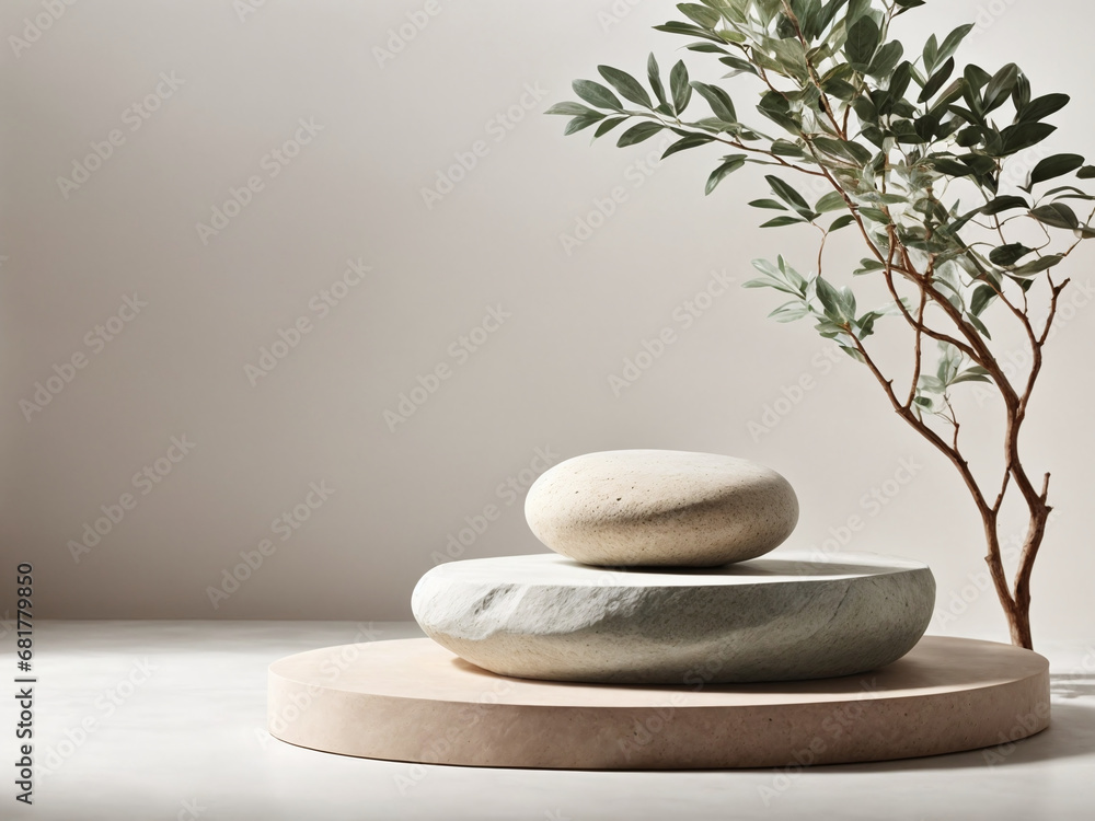 Creative idea for cosmetics promotion: 3D rendering of a natural branch using tree shadow and foliage on a rock base Creative idea for cosmetics promotion: 3D rendering of a natural branch using tree shadow and foliage on a rock base
