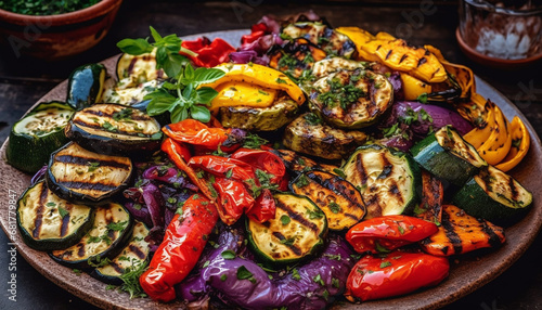Grilled eggplant and tomato plate, a healthy vegetarian meal generated by AI