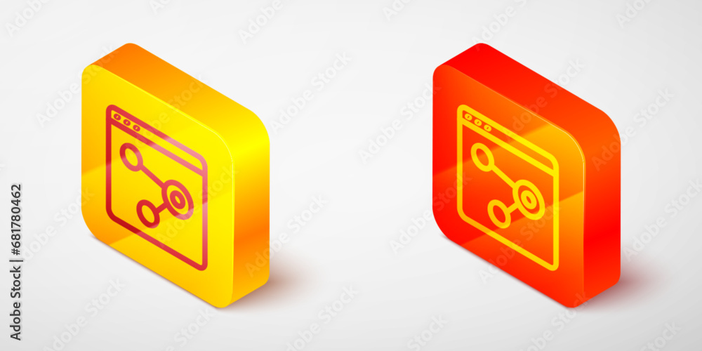 Isometric line Browser window icon isolated on grey background. Yellow and orange square button. Vector Isometric line Browser window icon isolated on grey background. Yellow and orange square button. Vector
