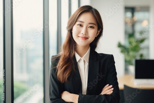 Professional woman wearing business suit poses for picture. This image can be used to represent business professionals, corporate settings, or workplace success