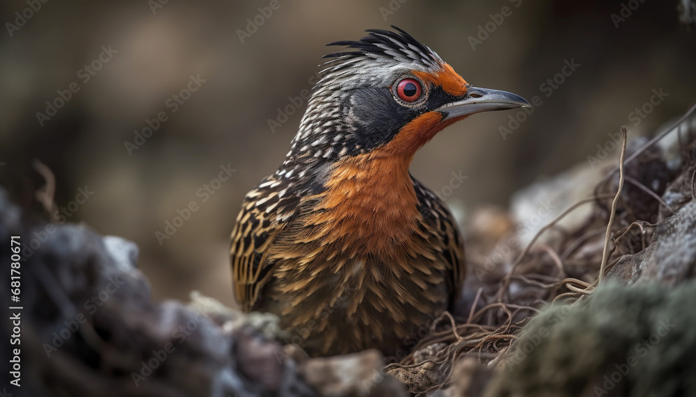 Small starling perching on branch, looking at camera in nature generated by AI Small starling perching on branch, looking at camera in nature generated by AI