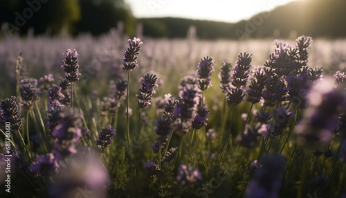 A tranquil meadow of purple wildflowers in the summer sunset generated by AI