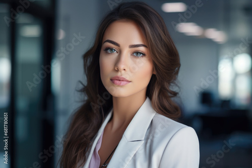 Picture of woman with long brown hair wearing white blazer. This image can be used for fashion, business, or professional concepts