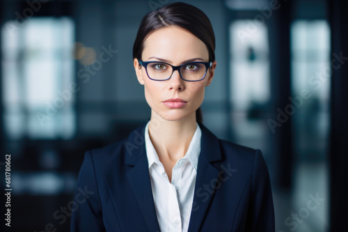 Professional woman wearing suit and glasses poses for picture. This image can be used to represent business, professionalism, or corporate settings © Natalia