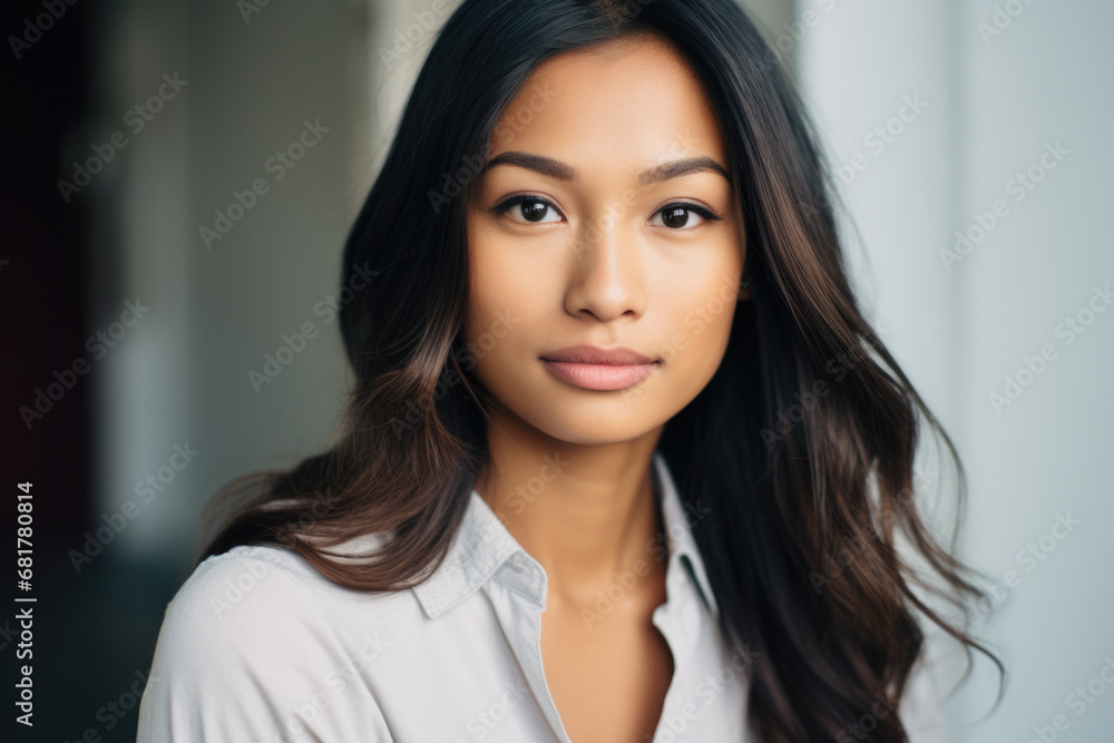 Woman with long black hair is wearing white shirt. This versatile image can be used for various purposes Woman with long black hair is wearing white shirt. This versatile image can be used for various purposes