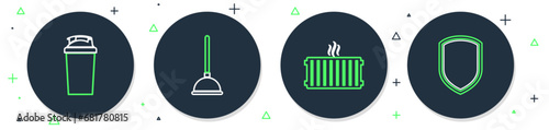 Set line Rubber plunger, Heating radiator, Fitness shaker and Shield icon. Vector