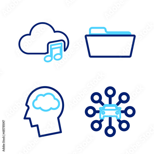 Set line Car sharing, Head silhouette with cloud, Folder and Music streaming service icon. Vector