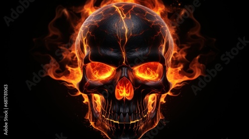 Fiery Human Skull Airbrush Tattoo on Black Background for Halloween Dark Designs.