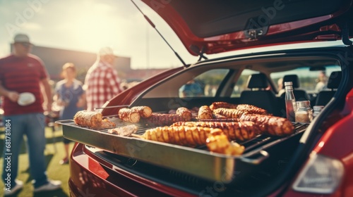 Vibrant Group of Football Fans Enjoying BBQ Tailgate Party in Stadium Parking Lot photo
