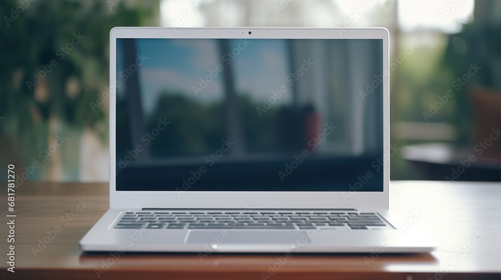 Fototapeta premium 3D Render of Blank White Laptop Almost Open with Fully Visible Keyboard and Screen